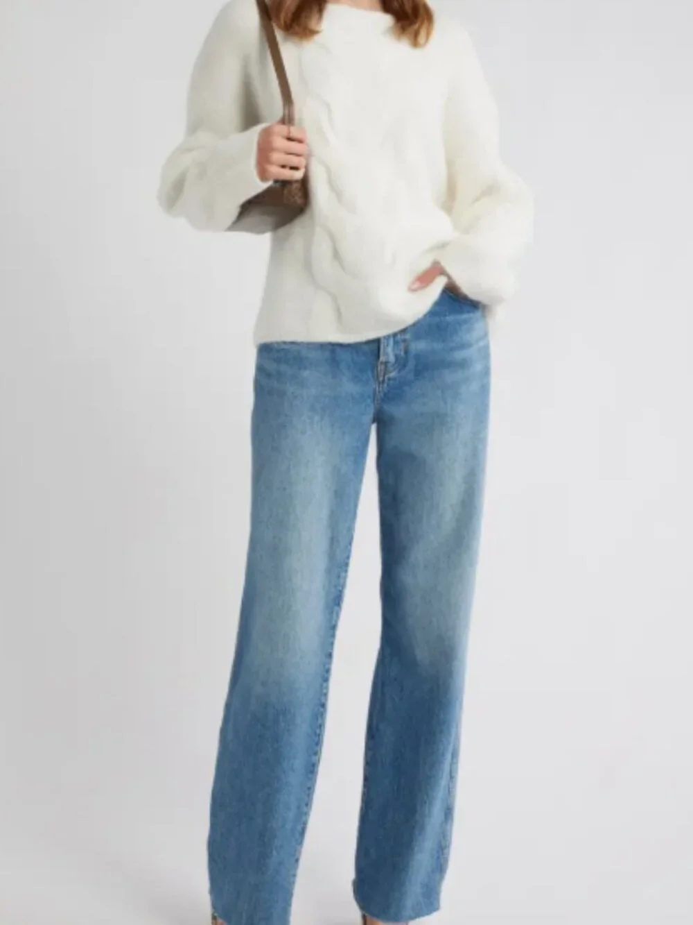 Open Edit Oversized Cable Boatneck Sweater – Size XS (Ivory)
